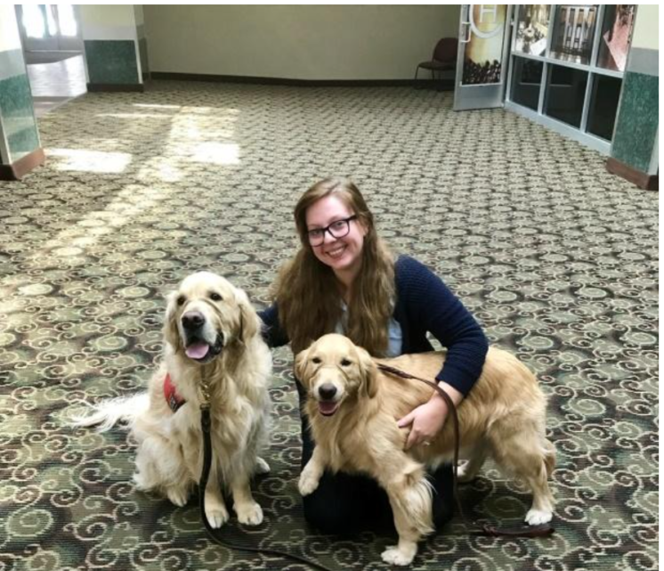 female staff member crouching down, posing with 2 large dogs that look like golden retrievers